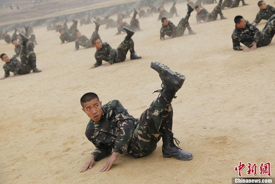 10月31日，济南军区某特种作战团开展深秋特训。图为官兵们进行拳术组合操训练。中新社发 陶社兰 摄