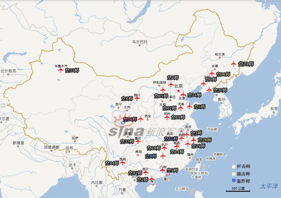 中国空军部队部署示意图。