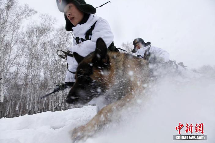 边防战士没膝积雪中巡逻